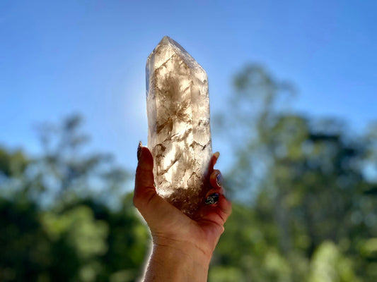 Left Time Link Elestial Smokey Quartz Lemurian Seed With Pleiadian Starbrary and Diamond Window
